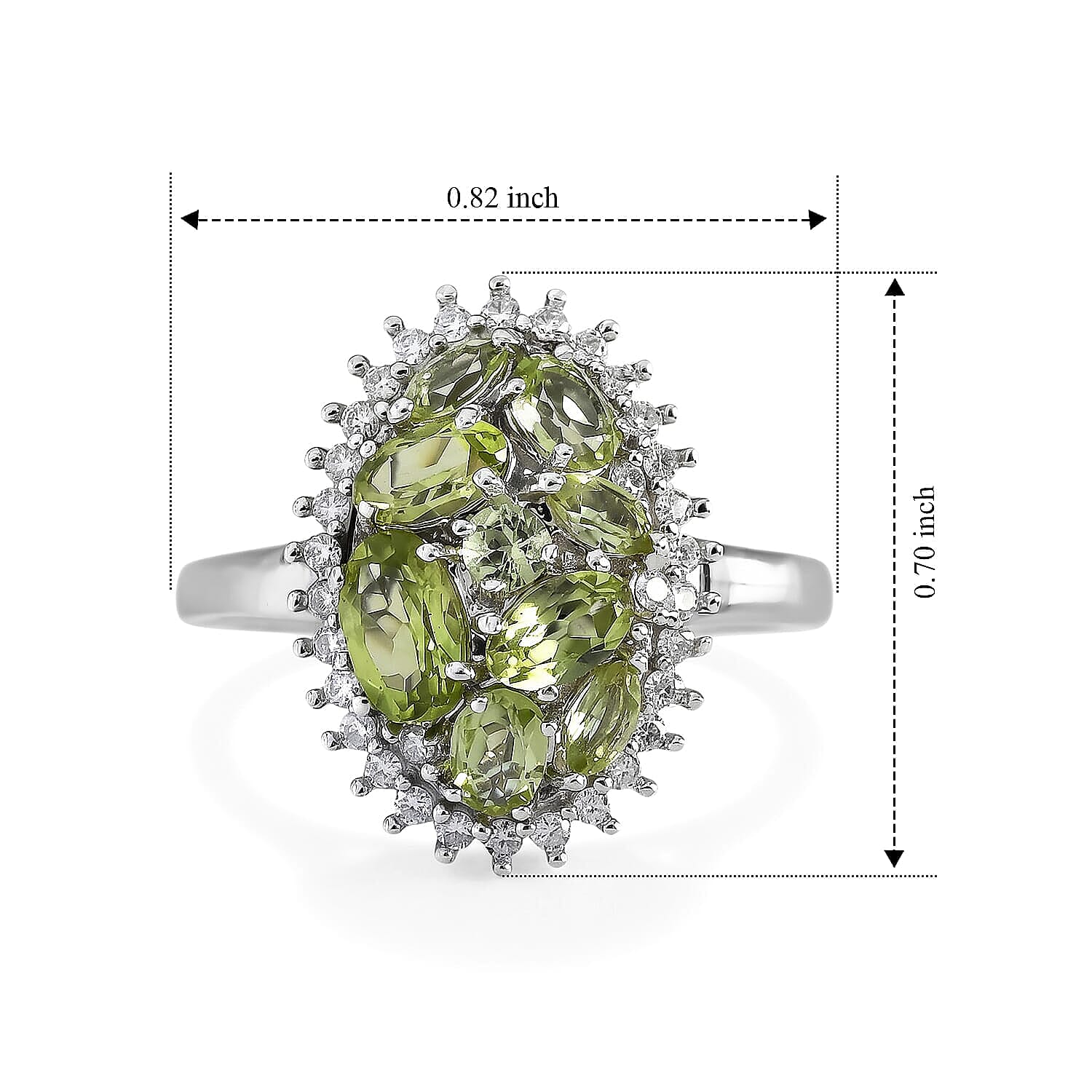 D'Joy Hebei Peridot, Moissanite Cluster Ring in Rhodium Over Sterling Silver (Size 5.0) 2.00 ctw