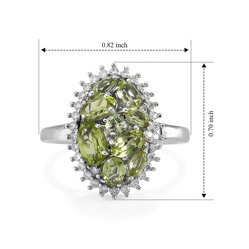 D'Joy Hebei Peridot, Moissanite Cluster Ring in Rhodium Over Sterling Silver (Size 5.0) 2.00 ctw