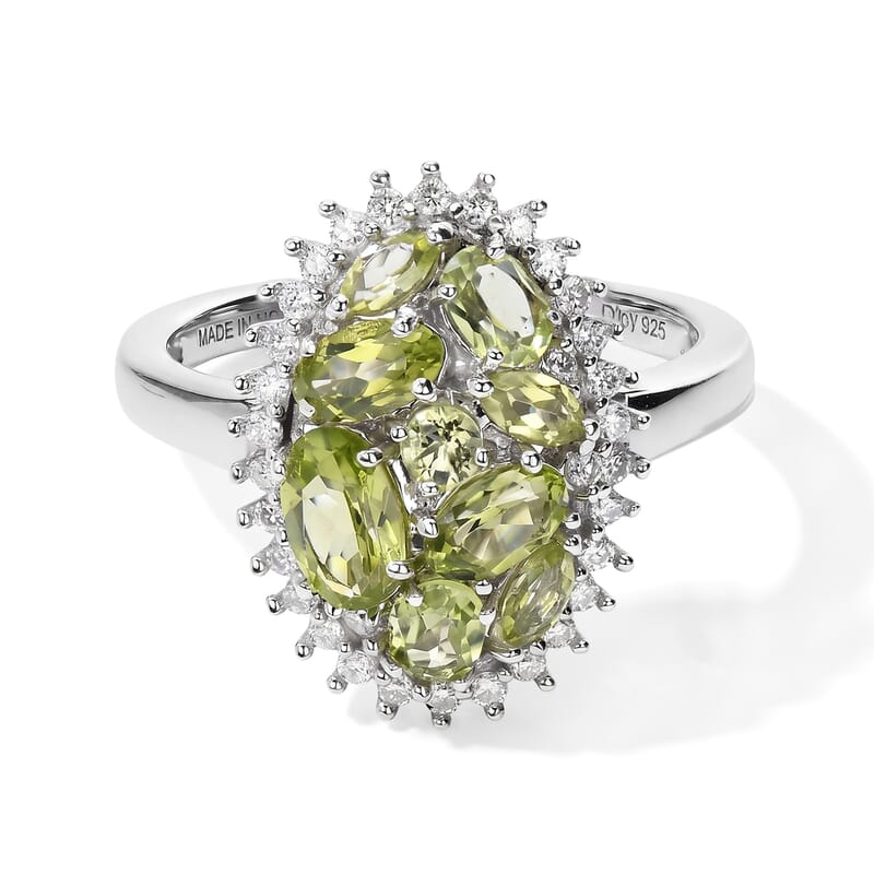 D'Joy Hebei Peridot and Moissanite 2.00 ctw Bouquet Ring in Rhodium Over Sterling Silver (Size 7.0)