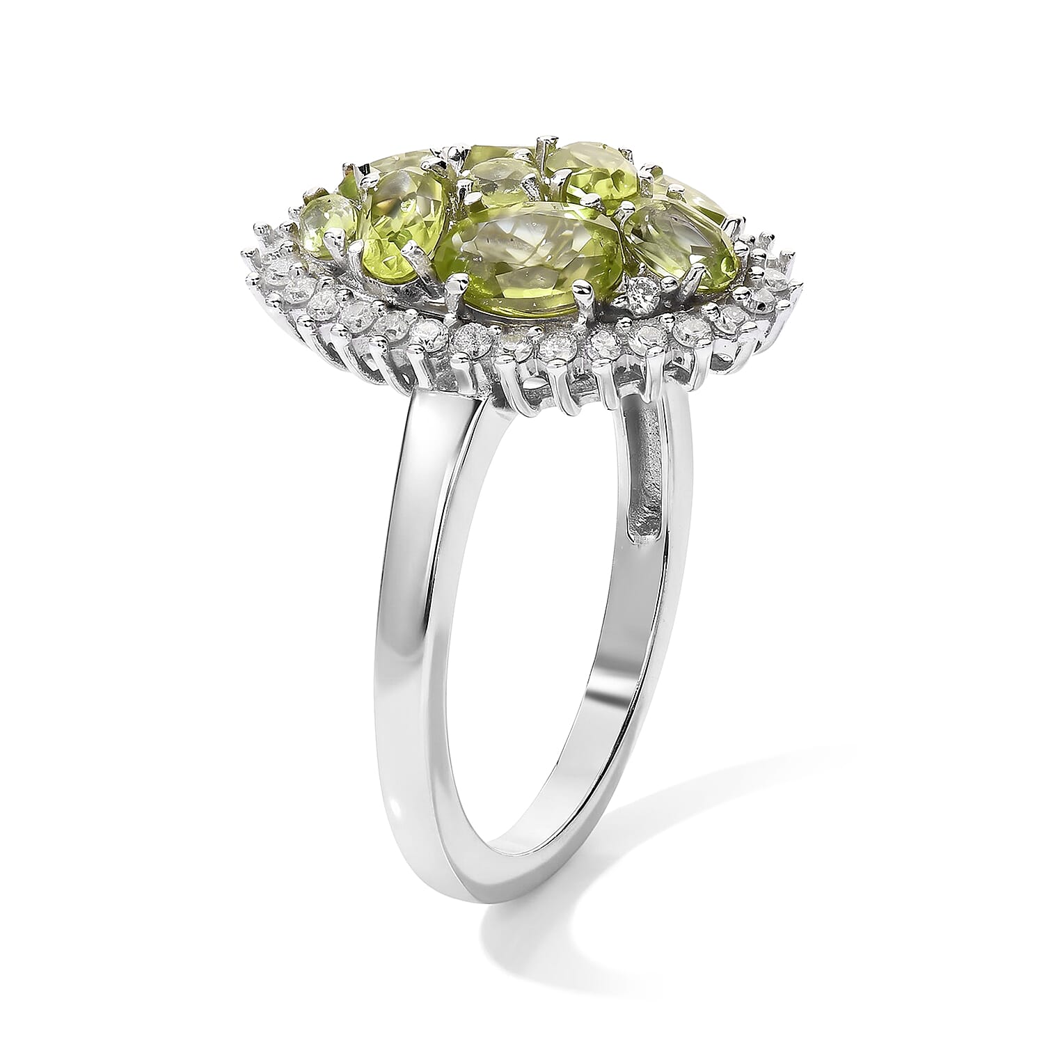 D'Joy Hebei Peridot and Moissanite 2.00 ctw Bouquet Ring in Rhodium Over Sterling Silver (Size 7.0)
