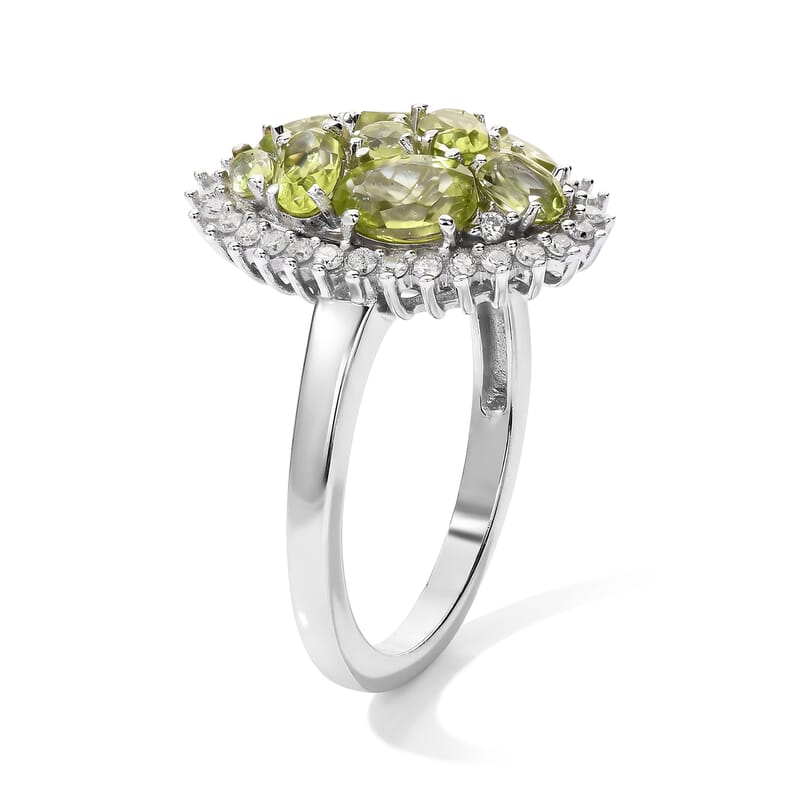 D'Joy Hebei Peridot and Moissanite 2.00 ctw Bouquet Ring in Rhodium Over Sterling Silver (Size 7.0)