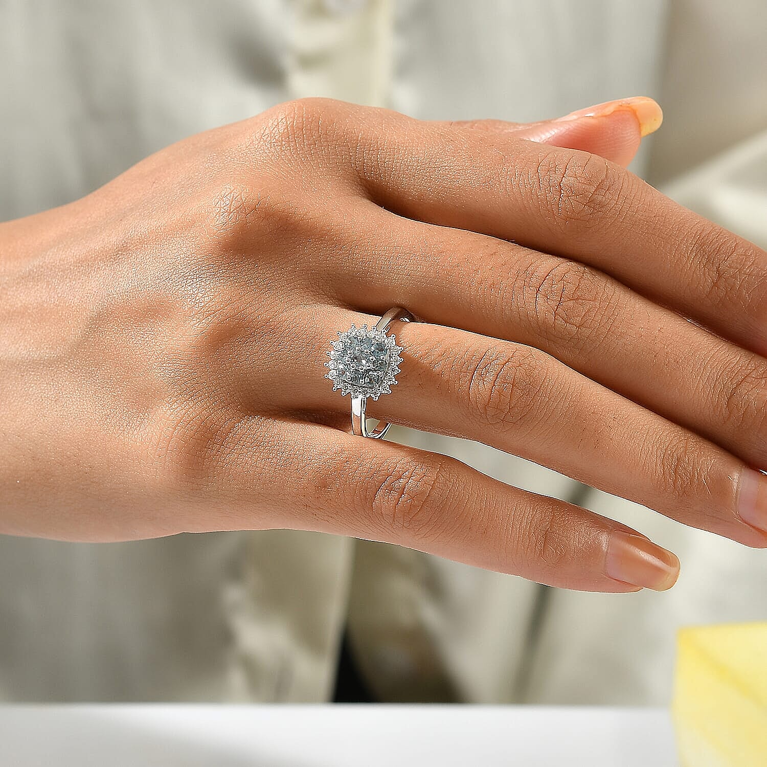 D'Joy Montana Sapphire and Moissanite 1.15 ctw Rockies Grand Mosaic Ring in Rhodium Over Sterling Silver (Size 5.0)