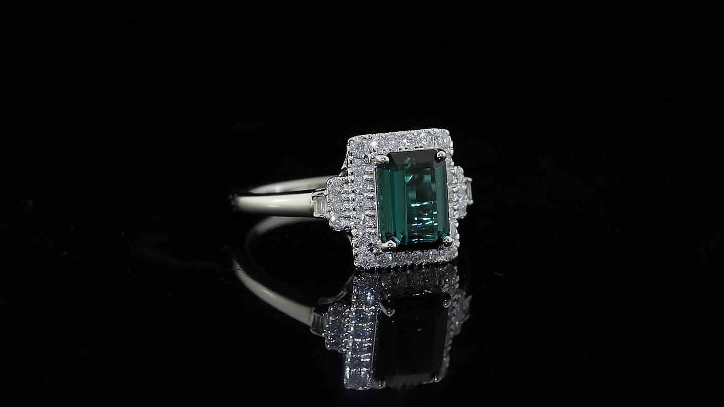 Certified and Appraised Luxoro 14K White Gold AAA Monte Belo Indicolite, Diamond (I2) (0.32 cts) Ring (Size 10.0) 2.00 ctw