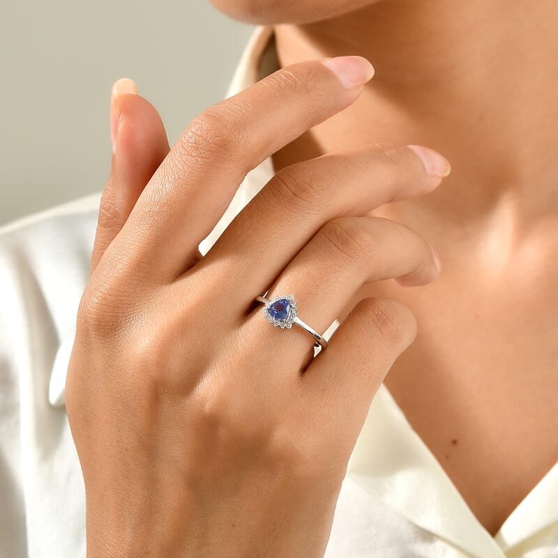 D'Joy Premium Tanzanite and Moissanite 0.85 ctw Ring in Rhodium Over Sterling Silver (Size 6.0)