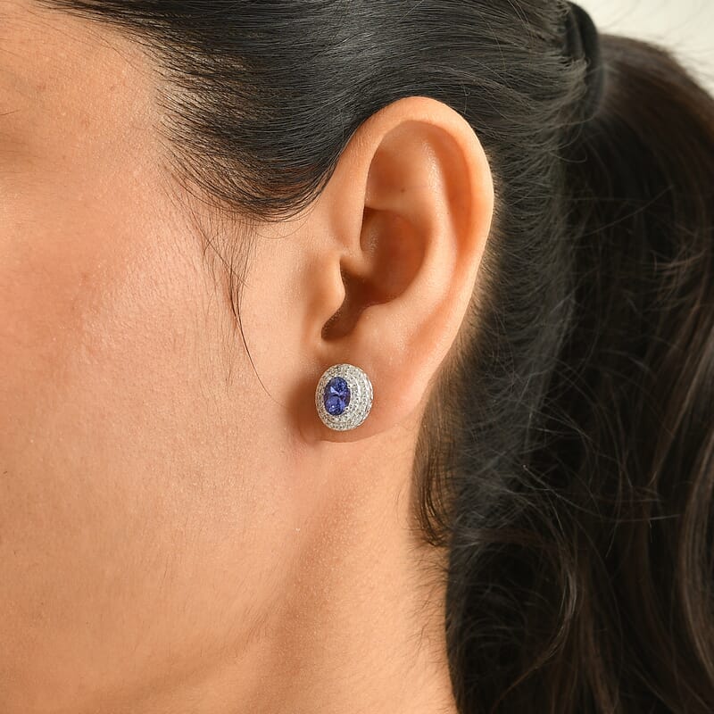 D'Joy Premium Tanzanite and Moissanite 2.20 ctw Earrings in Rhodium Over Sterling Silver