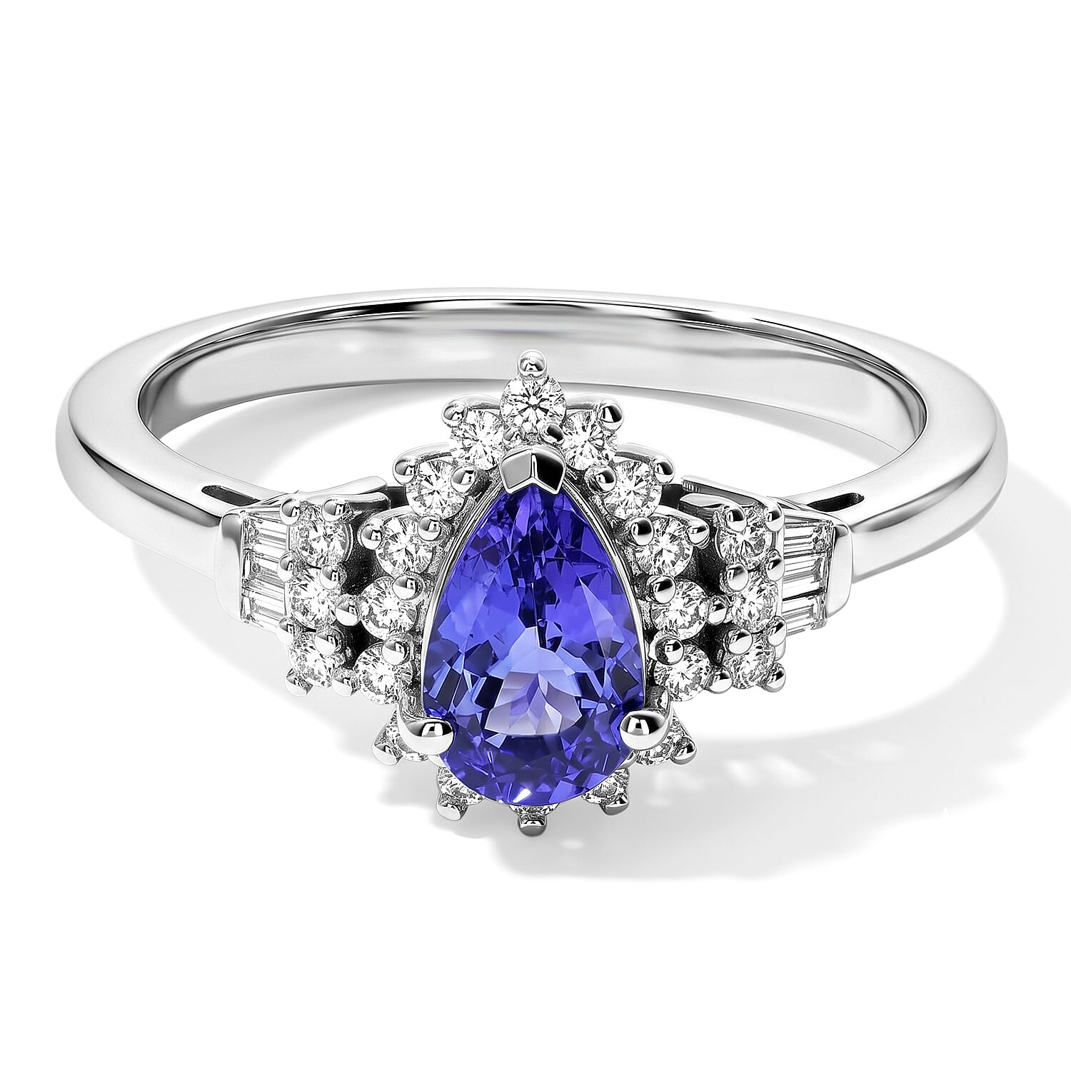 D'Joy Premium Tanzanite and Diamond 1.10 ctw Drop Crowned Ring in Rhodium Over Sterling Silver (Size 8.0)