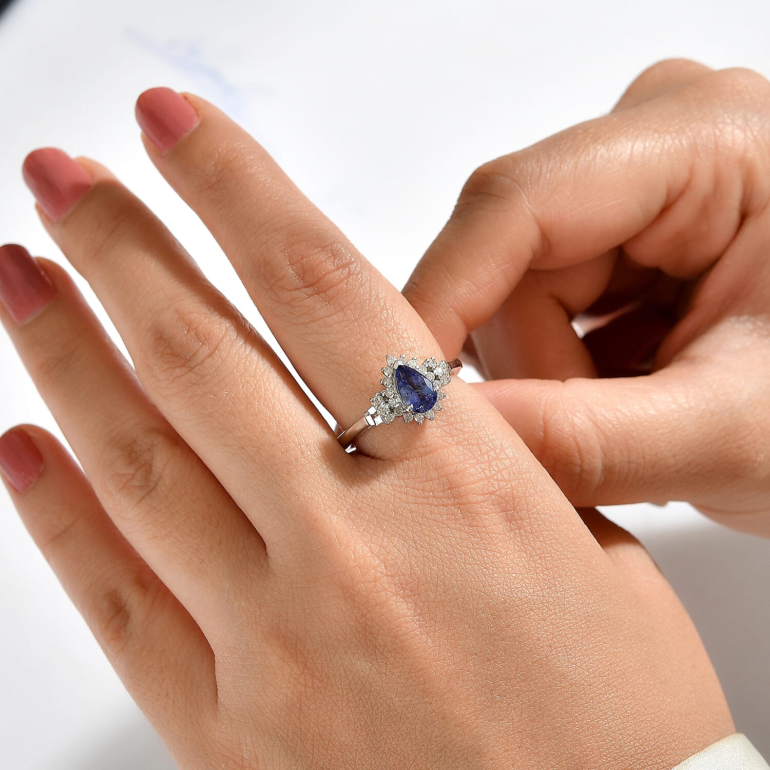D'Joy Premium Tanzanite and Diamond 1.10 ctw Drop Crowned Ring in Rhodium Over Sterling Silver (Size 8.0)