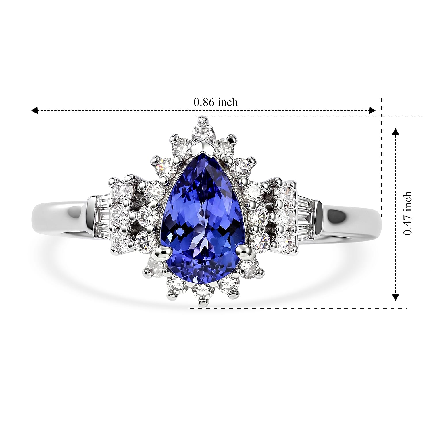 D'Joy Premium Tanzanite and Diamond 1.10 ctw Drop Crowned Ring in Rhodium Over Sterling Silver (Size 8.0)