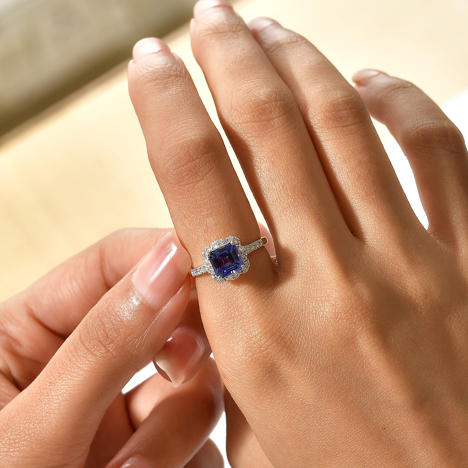 Certified and Appraised AAA Asscher Cut Tanzanite and Luxuriant Lab Grown Diamond G-H SI 2.25 ctw Ring in 10K Yellow Gold (Size 6.0)