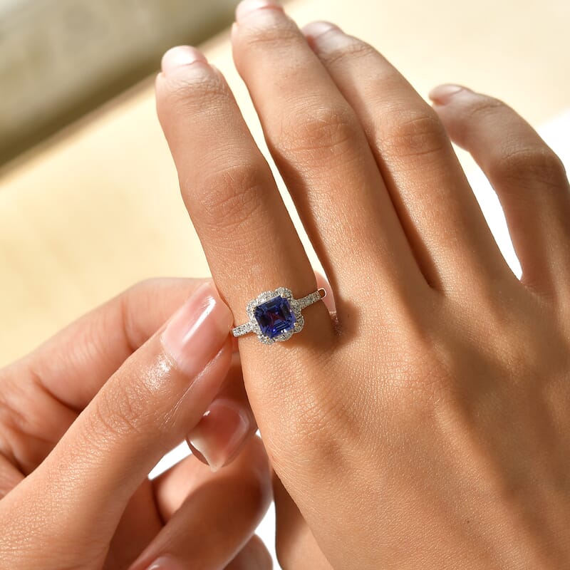 Certified and Appraised AAA Asscher Cut Tanzanite and Luxuriant Lab Grown Diamond G-H SI 2.25 ctw Ring in 10K Yellow Gold (Size 6.0)