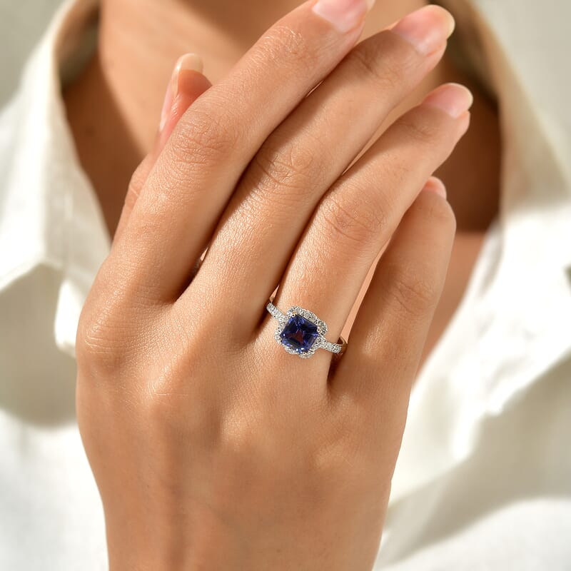Certified and Appraised AAA Asscher Cut Tanzanite and Luxuriant Lab Grown Diamond G-H SI 2.25 ctw Ring in 10K Yellow Gold (Size 6.0)