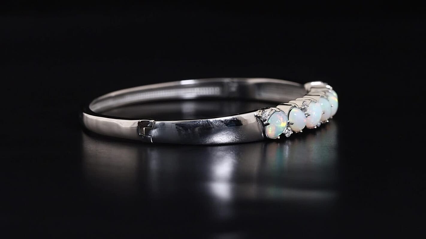 Doorbuster EverTrue AAA Ethiopian Welo Opal and Moissanite 4.20 ctw Bangle Bracelet in Stainless Steel (7.25 In)