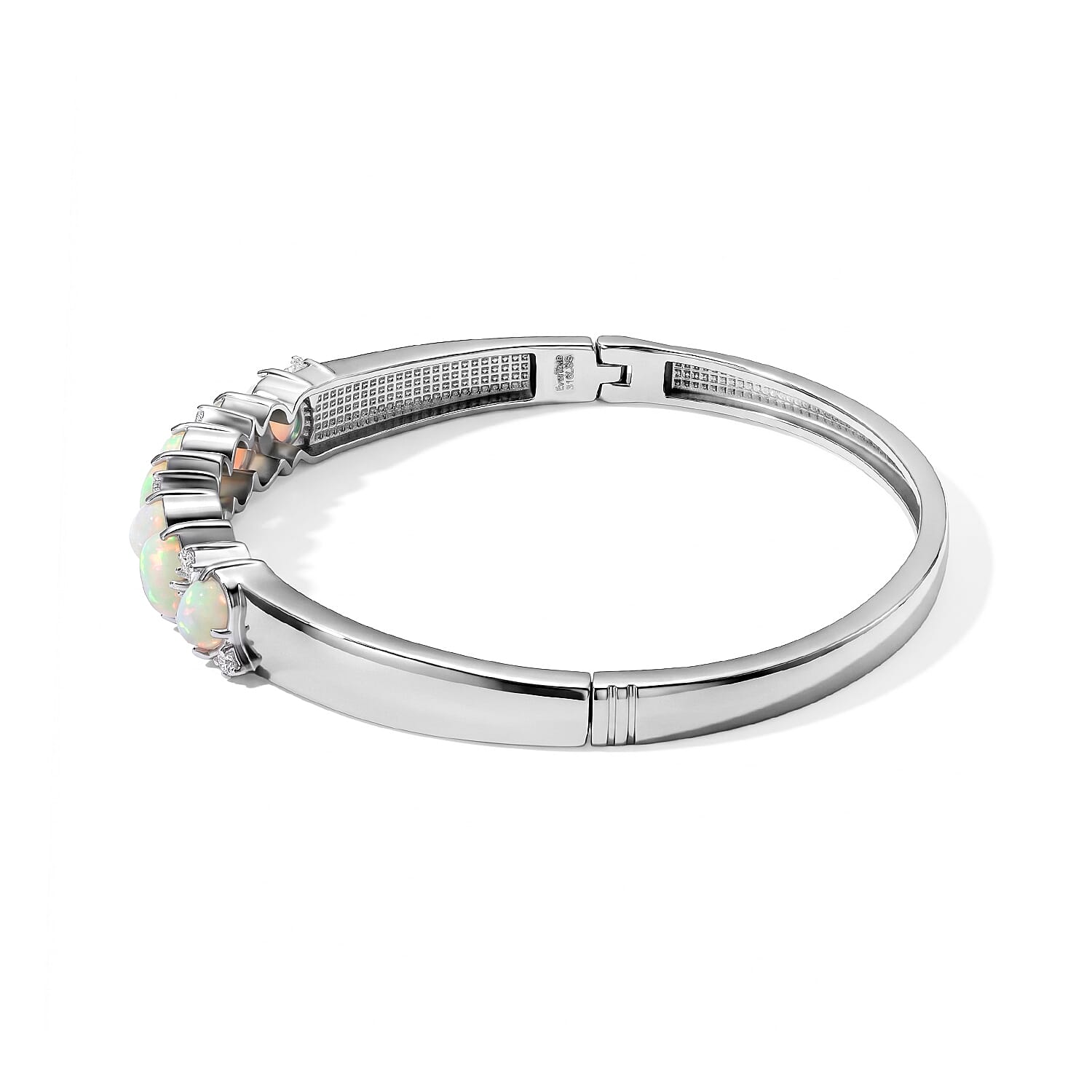 Doorbuster EverTrue AAA Ethiopian Welo Opal and Moissanite 4.20 ctw Bangle Bracelet in Stainless Steel (7.25 In)