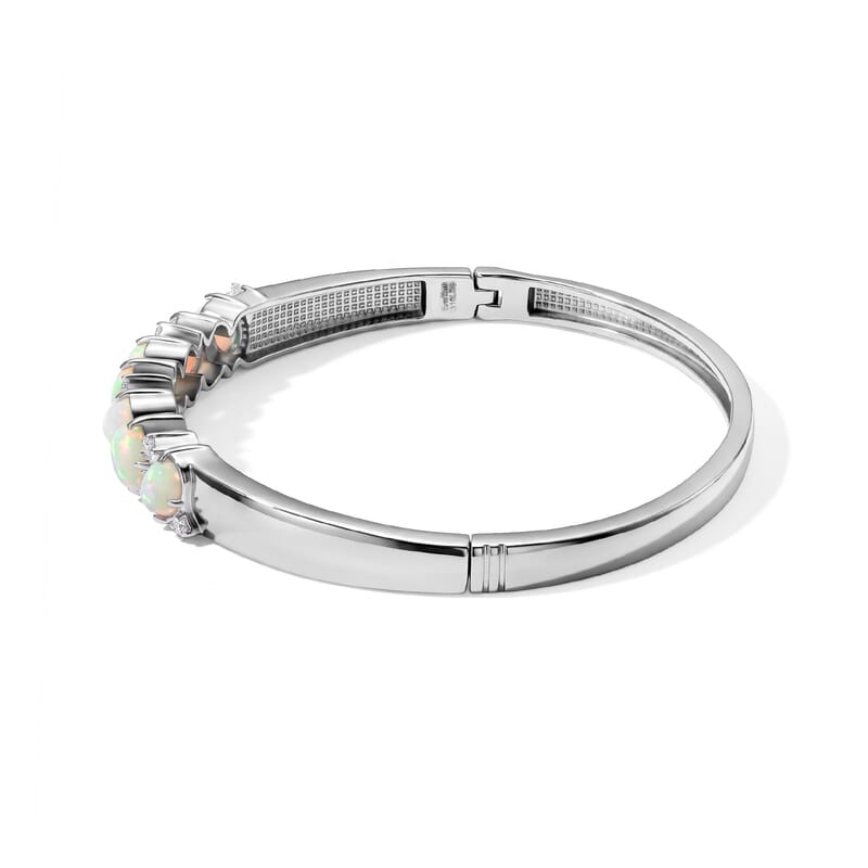 Doorbuster EverTrue AAA Ethiopian Welo Opal and Moissanite 4.20 ctw Bangle Bracelet in Stainless Steel (7.25 In)