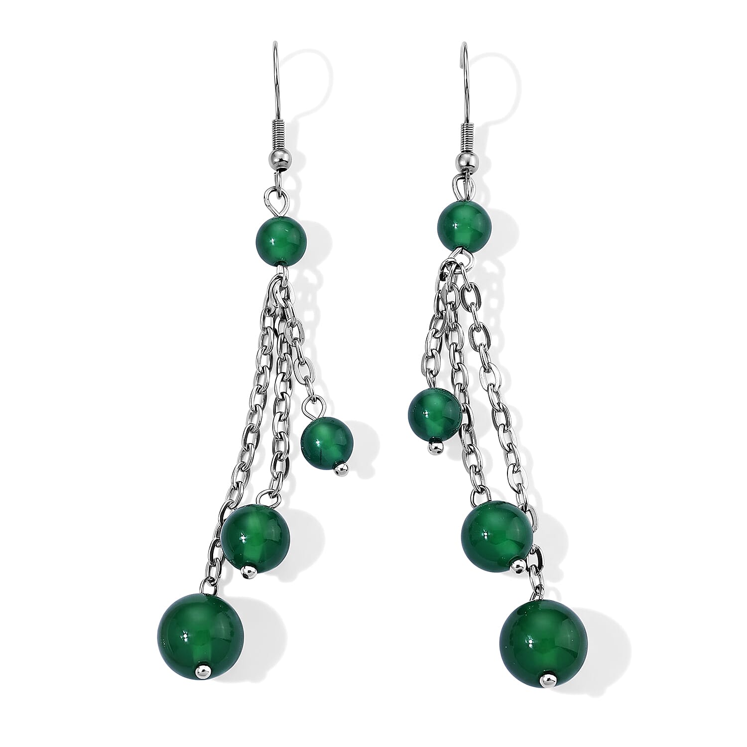 Verde Onyx 18.00 ctw Three-Line Dangling Earrings in Stainless Steel