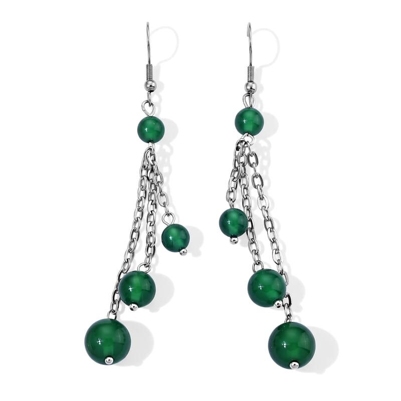 Verde Onyx 18.00 ctw Three-Line Dangling Earrings in Stainless Steel