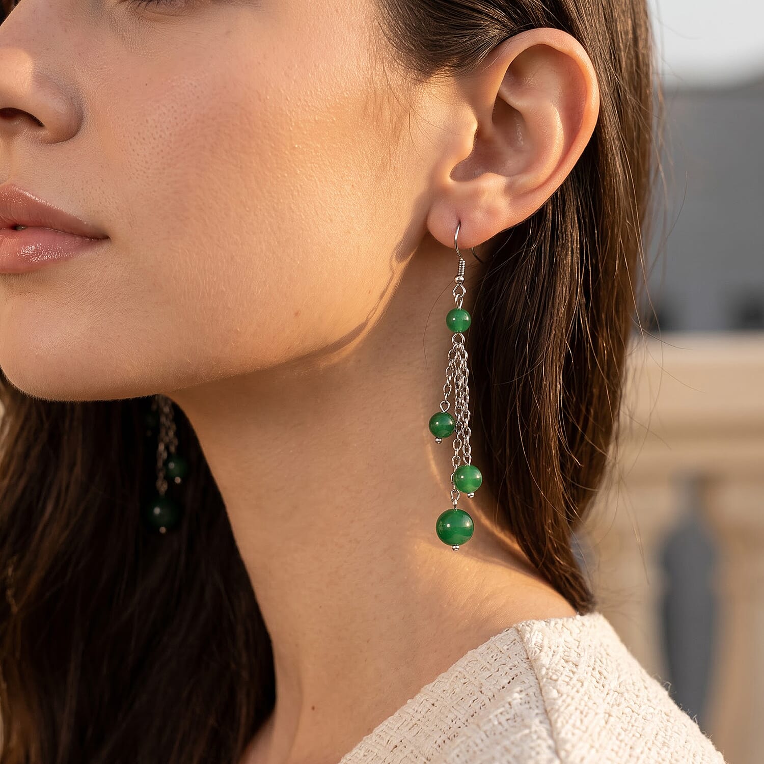 Verde Onyx 18.00 ctw Three-Line Dangling Earrings in Stainless Steel