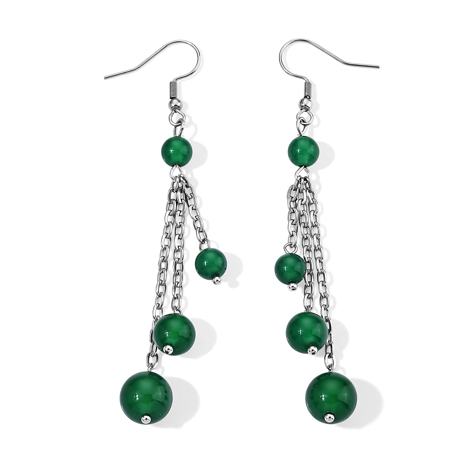 Verde Onyx 18.00 ctw Three-Line Dangling Earrings in Stainless Steel