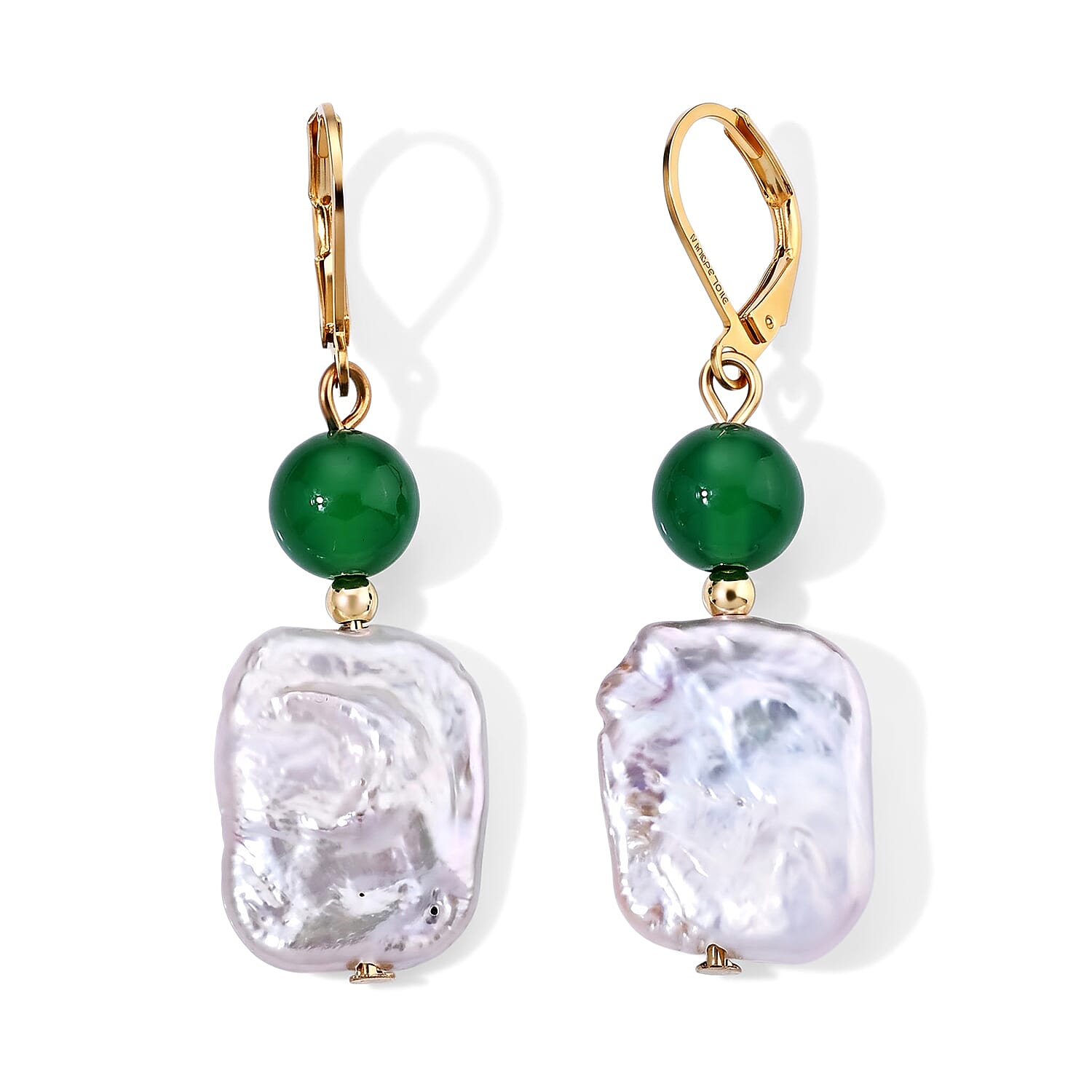 Verde Onyx 8.00 ctw and White Keshi Pearl Lever Back Earrings in ION Plated YG Stainless Steel