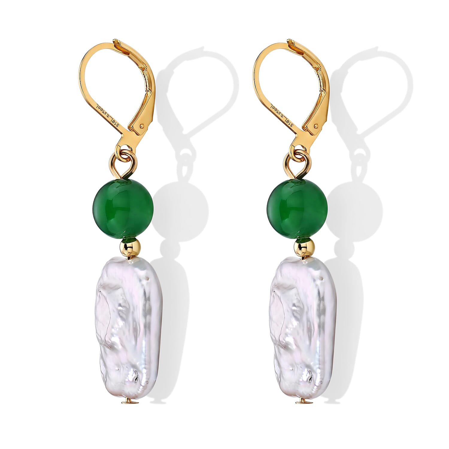 Verde Onyx 8.00 ctw and White Keshi Pearl Lever Back Earrings in ION Plated YG Stainless Steel