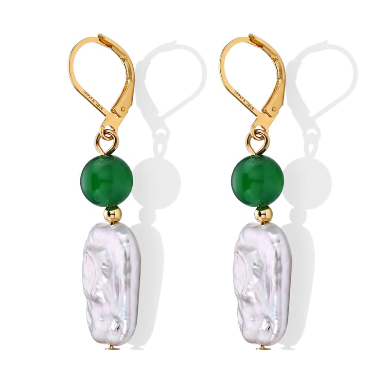 Verde Onyx 8.00 ctw and White Keshi Pearl Lever Back Earrings in ION Plated YG Stainless Steel