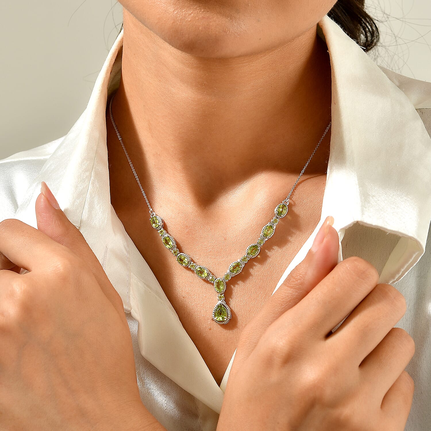 D'Joy Premium Hebei Peridot 5.85 ctw Necklace in Rhodium Over Sterling Silver 18 Inches