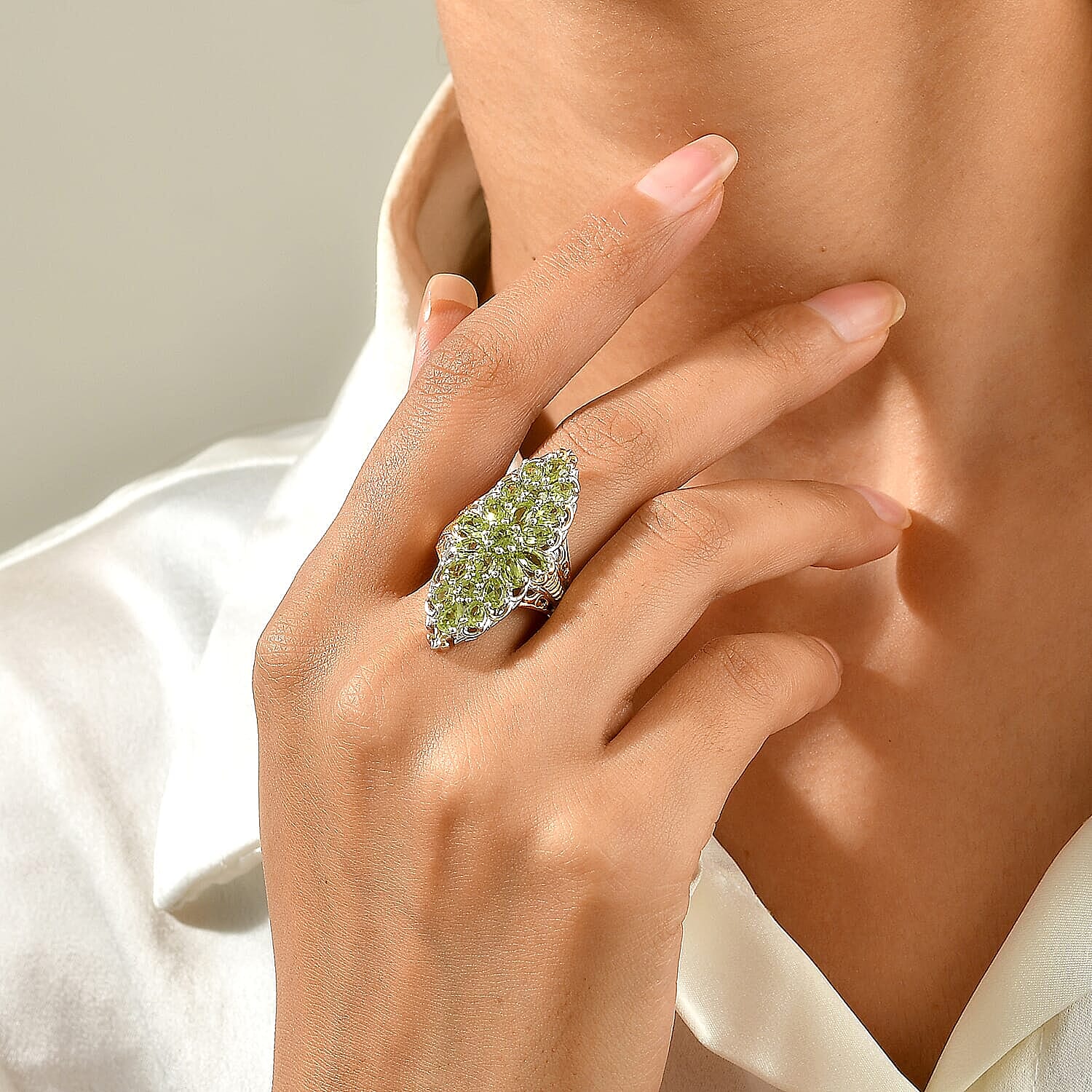 D'Joy Premium Hebei Peridot 4.65 ctw Verdant Spring Ring in 18K Vermeil YG and Rhodium Over Sterling Silver (Size 6.0)