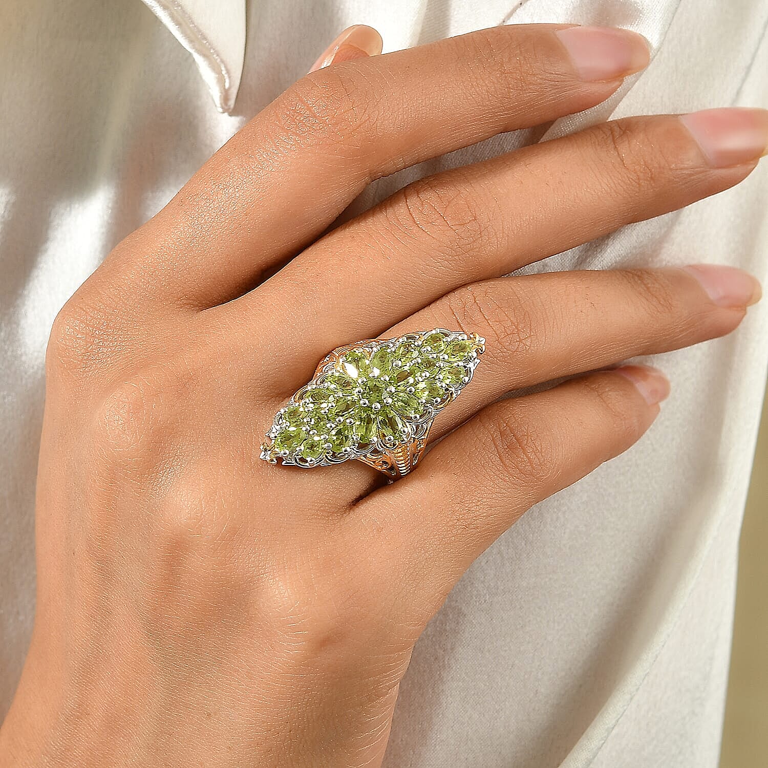 D'Joy Premium Hebei Peridot 4.65 ctw Verdant Spring Ring in 18K Vermeil YG and Rhodium Over Sterling Silver (Size 6.0)