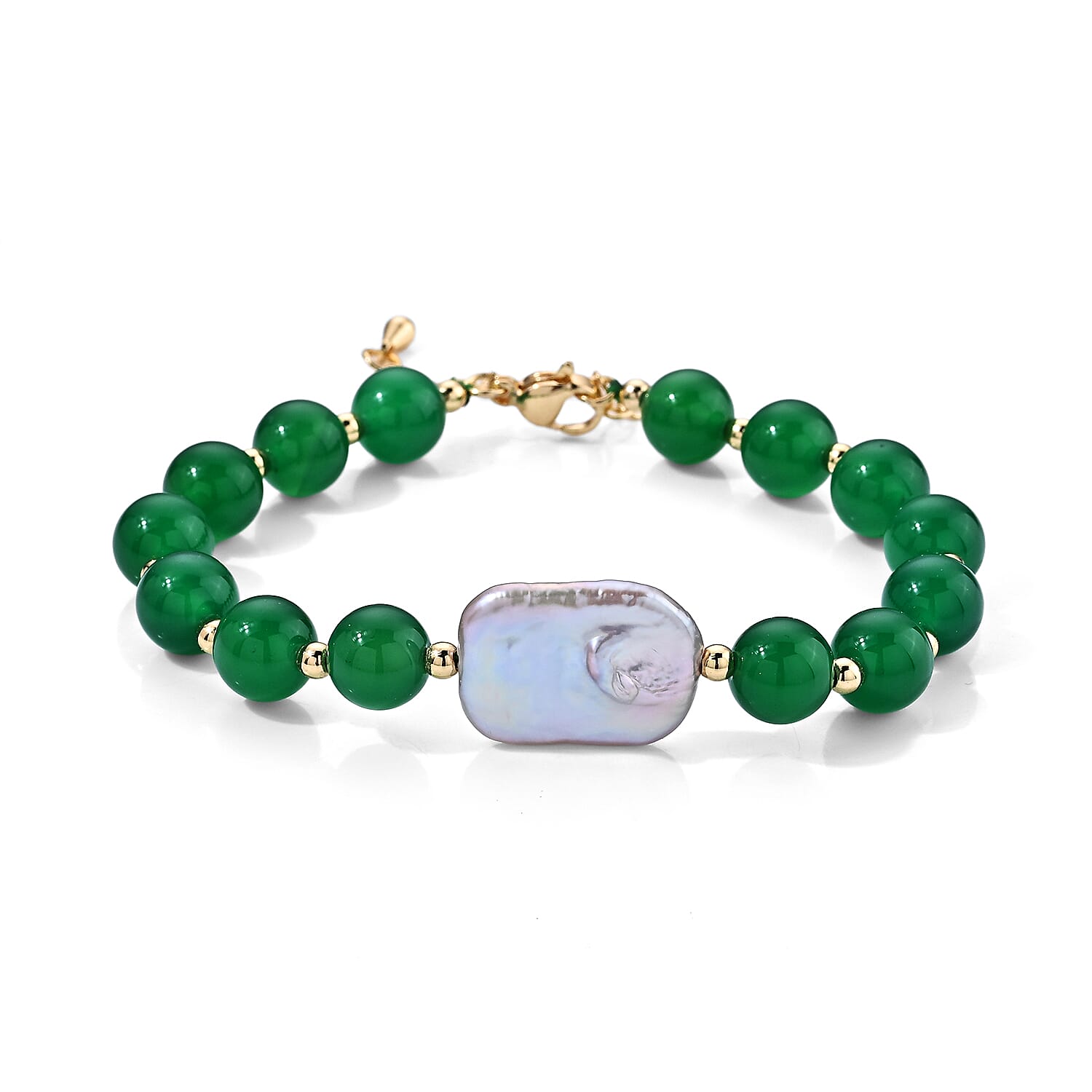 Verde Onyx 30.00 ctw and White Keshi Pearl Verdant Harmony Bracelet (7.0-9.0In) in Silvertone