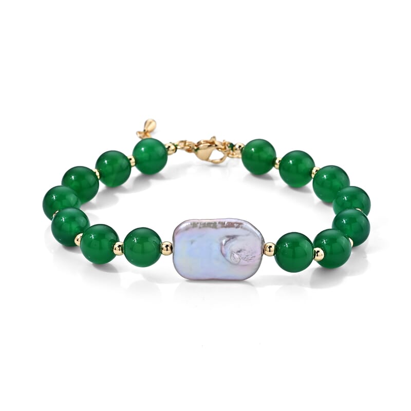 Verde Onyx 30.00 ctw and White Keshi Pearl Verdant Harmony Bracelet (7.0-9.0In) in Silvertone