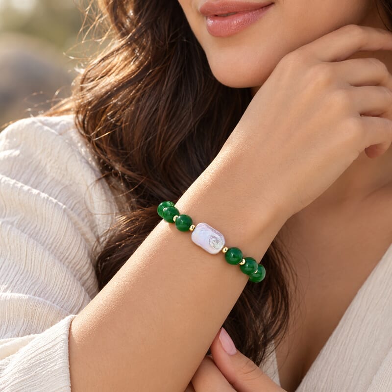 Verde Onyx 30.00 ctw and White Keshi Pearl Verdant Harmony Bracelet (7.0-9.0In) in Silvertone