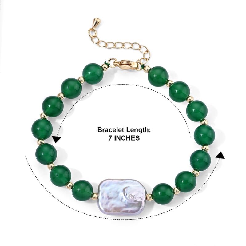 Verde Onyx 30.00 ctw and White Keshi Pearl Verdant Harmony Bracelet (7.0-9.0In) in Silvertone