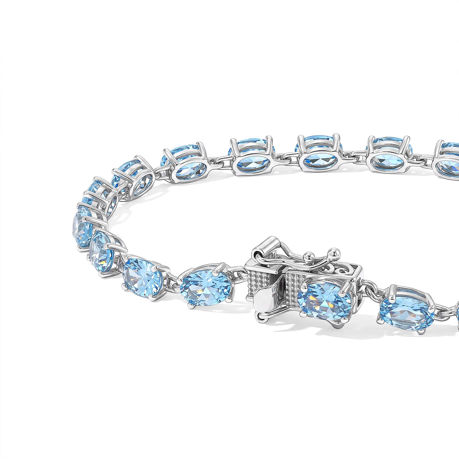 D'Joy Premium Swiss Blue Topaz 11.60 ctw Ocean Glow Bracelet in Rhodium Over Sterling Silver (7.25 In)