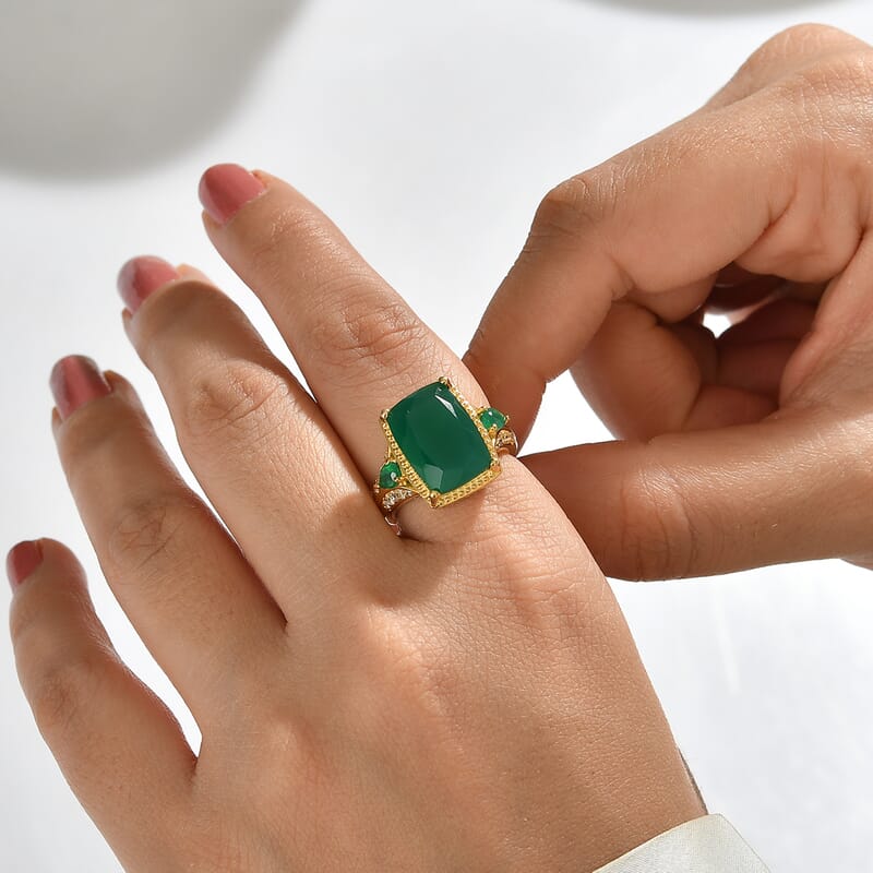 EverTrue Premium Verde Onyx and White Zircon 6.90 ctw Ring in 18K YG Plated (Size 5.0)