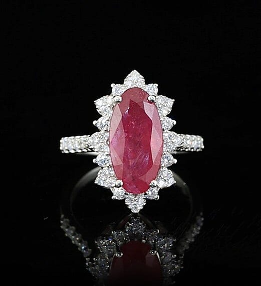 Certified & Appraised D'Joy Premium Niassa Ruby (FF) and Moissanite 5.60 ctw Ring in Rhodium Over Sterling Silver (Size 6.0)