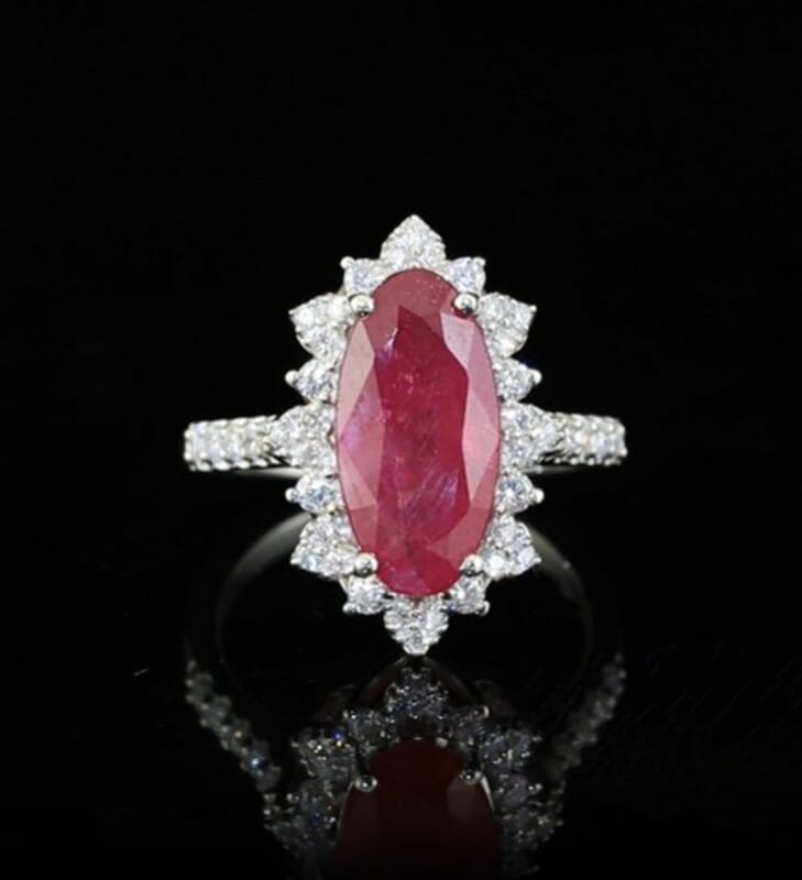 Certified & Appraised D'Joy Premium Niassa Ruby (FF) and Moissanite 5.60 ctw Ring in Rhodium Over Sterling Silver (Size 6.0)