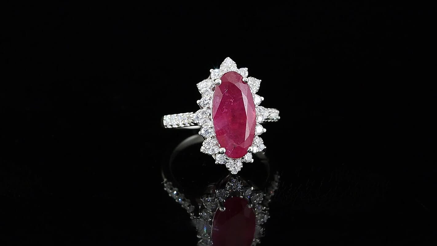 Certified & Appraised D''Joy Premium Niassa Ruby (FF), Moissanite Ring in Rhodium Over Sterling Silver (Size 10.0) 5.60 ctw
