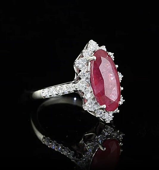 Certified & Appraised D'Joy Premium Niassa Ruby (FF) and Moissanite 5.60 ctw Ring in Rhodium Over Sterling Silver (Size 6.0)
