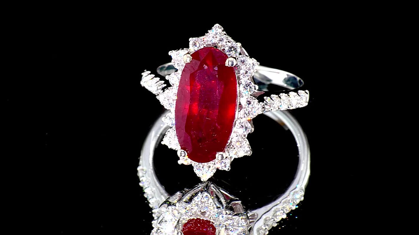 Certified & Appraised D''Joy Premium Niassa Ruby (FF), Moissanite Ring in Rhodium Over Sterling Silver (Size 10.0) 5.60 ctw