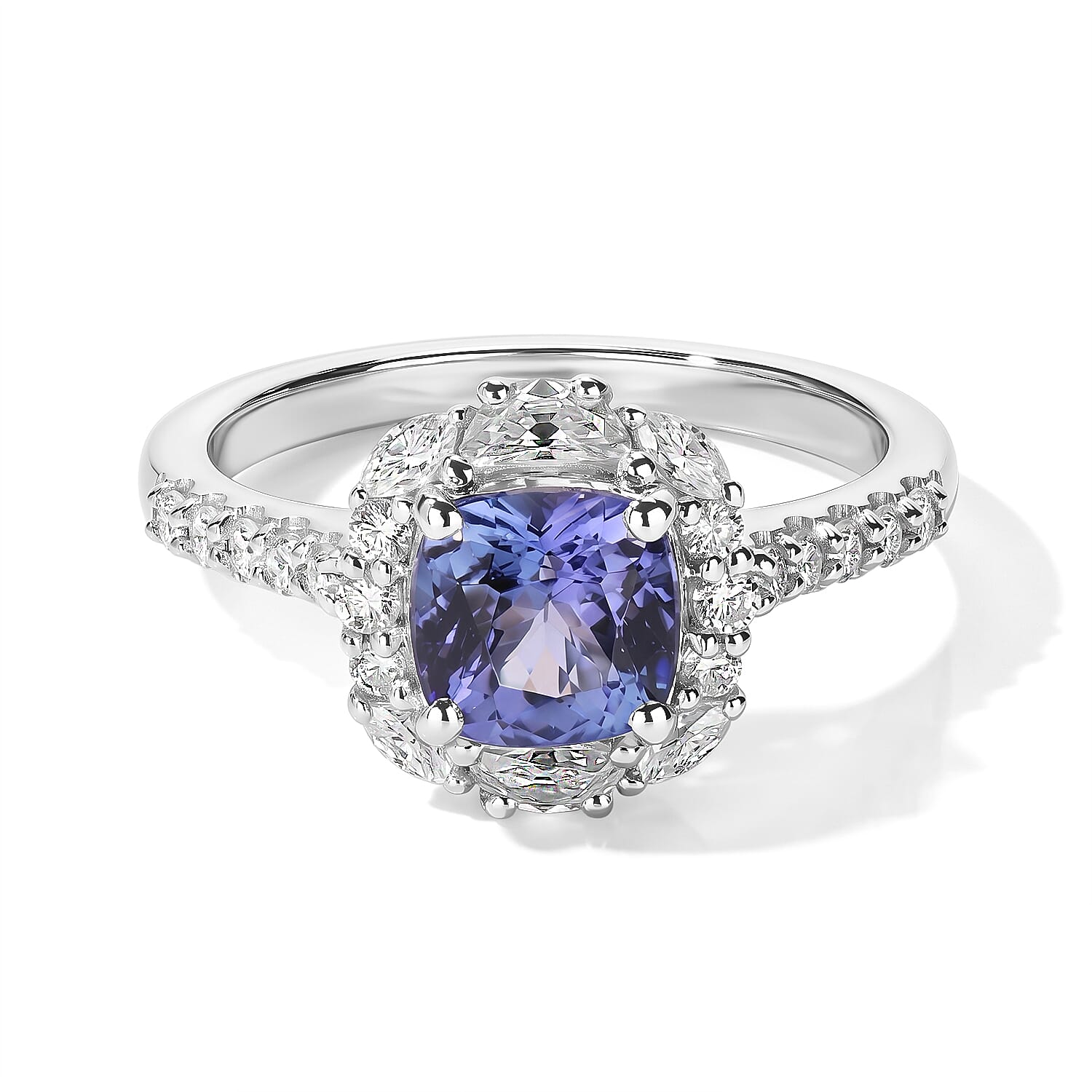 Certified & Appraised D'Joy Premium Tanzanite and Moissanite 1.85 ctw Ring in Rhodium Over Sterling Silver (Size 6.0)