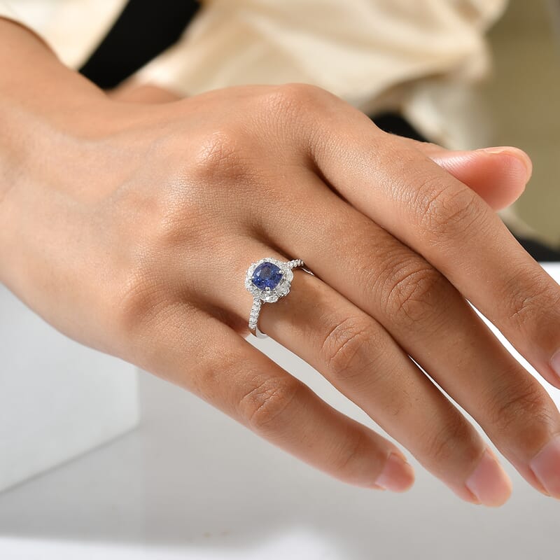 Certified & Appraised D'Joy Premium Tanzanite and Moissanite 1.85 ctw Ring in Rhodium Over Sterling Silver (Size 6.0)