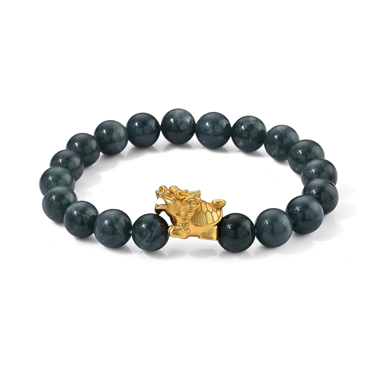 Natural Olmec Jadeite 140.00 ctw Beaded Stretch Bracelet with Bixi Dragon Turtle in Goldtone (6.5-7.0In)