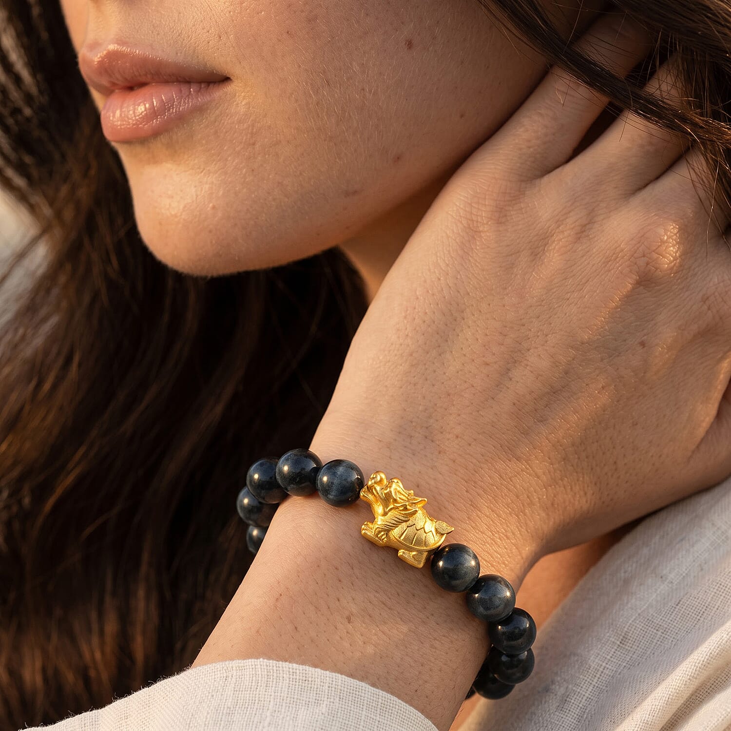 Natural Olmec Jadeite 140.00 ctw Beaded Stretch Bracelet with Bixi Dragon Turtle in Goldtone (6.5-7.0In)
