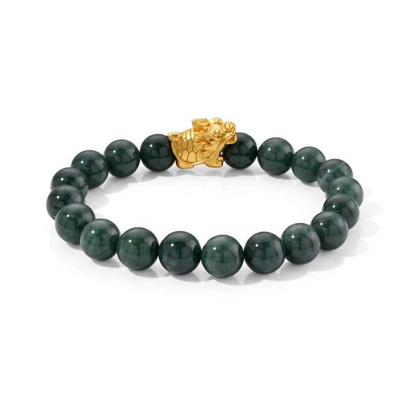 Natural Olmec Jadeite 140.00 ctw Beaded Stretch Bracelet with Bixi Dragon Turtle in Goldtone (6.5-7.0In)