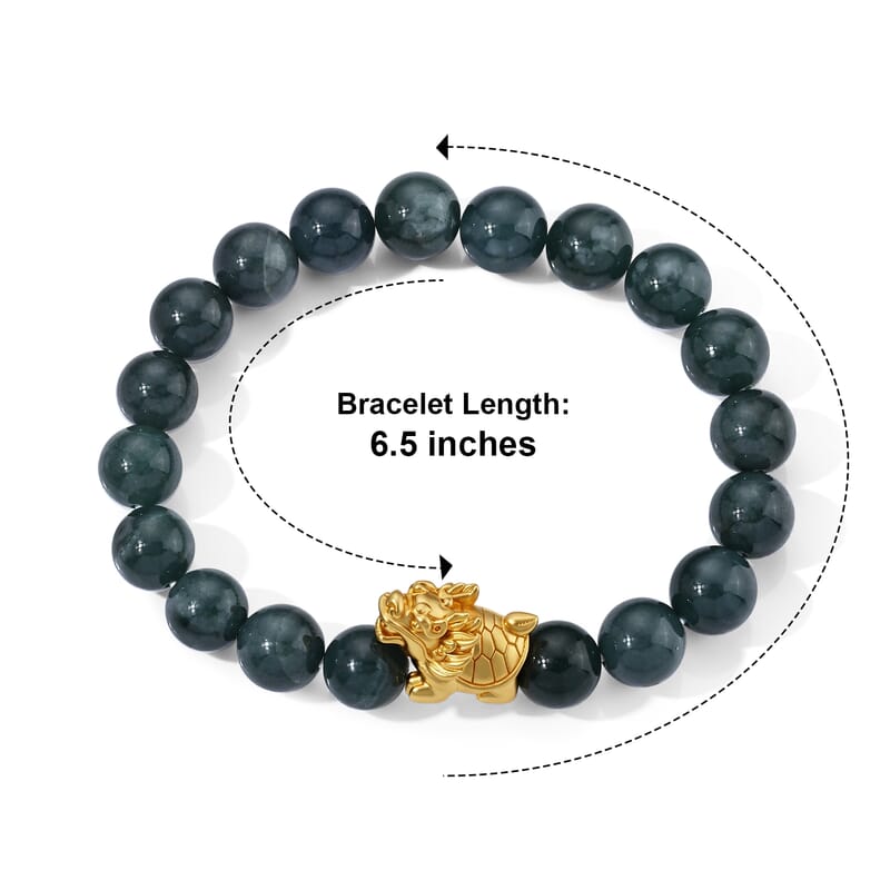 Natural Olmec Jadeite 140.00 ctw Beaded Stretch Bracelet with Bixi Dragon Turtle in Goldtone (6.5-7.0In)
