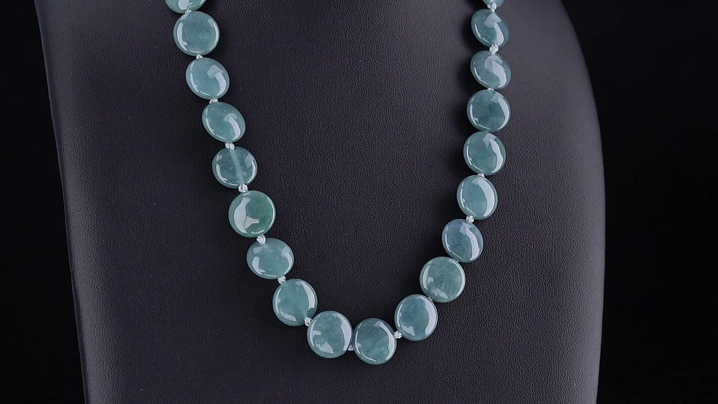 D''Joy Natural Olmec Jadeite Beaded Coin Necklace (20-22 Inches) in Rhodium Over Sterling Silver 400.00 ctw