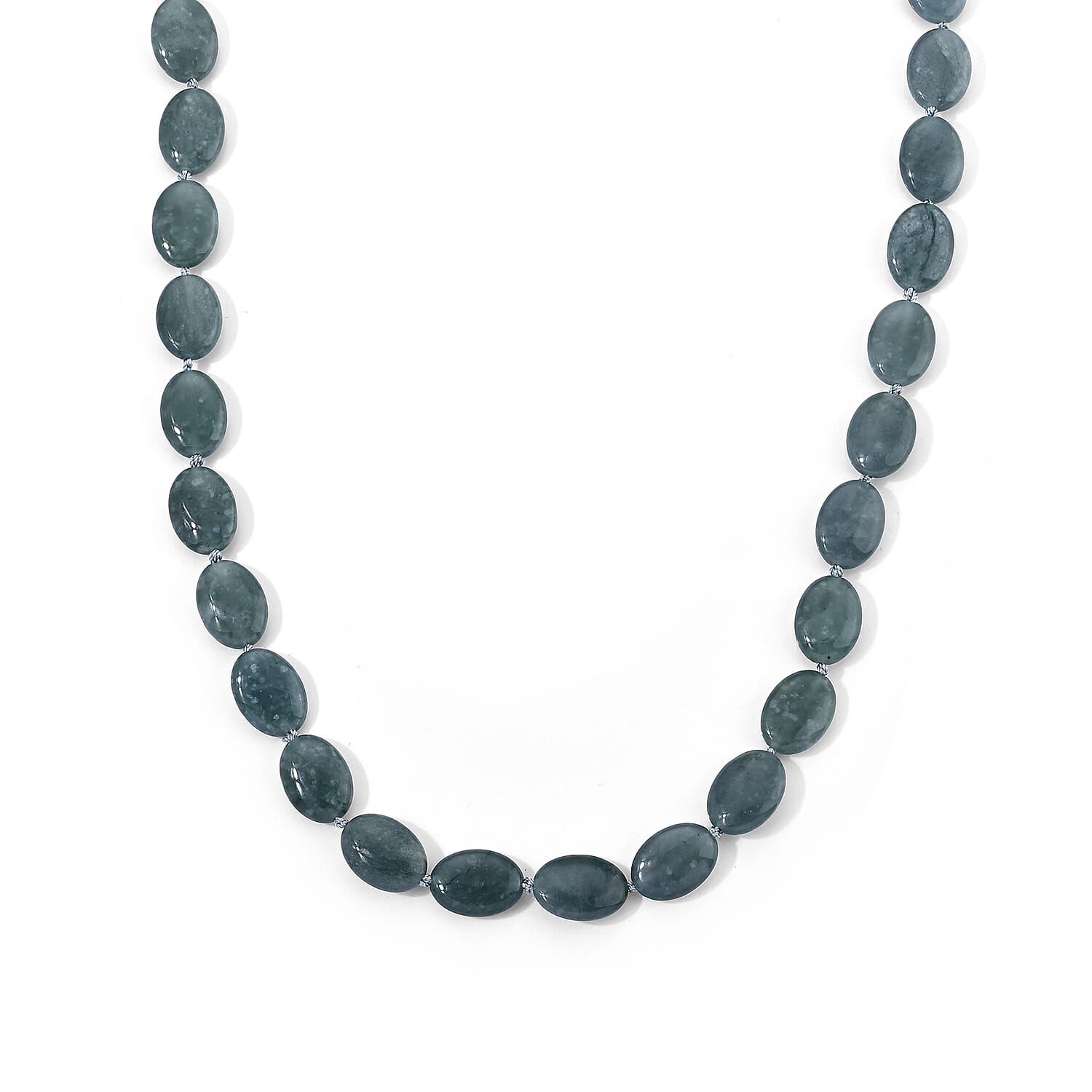 D'Joy Natural Olmec Jadeite 390.00 ctw Beaded Oval Necklace in Rhodium Over Sterling Silver 20-22 Inches