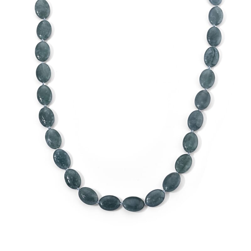 D'Joy Natural Olmec Jadeite 390.00 ctw Beaded Oval Necklace in Rhodium Over Sterling Silver 20-22 Inches