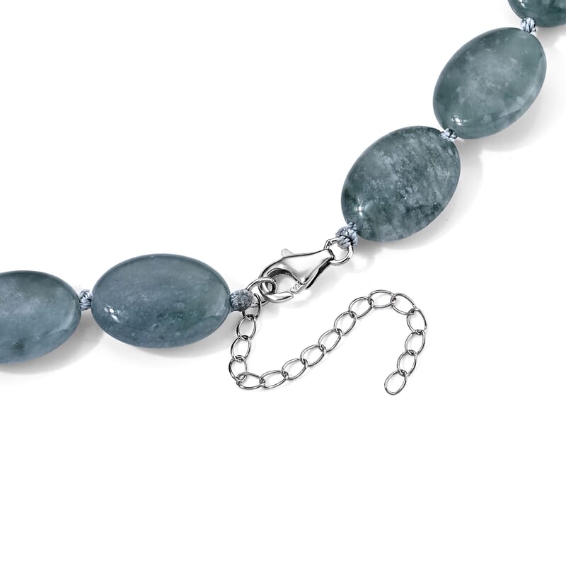 D'Joy Natural Olmec Jadeite 390.00 ctw Beaded Oval Necklace in Rhodium Over Sterling Silver 20-22 Inches