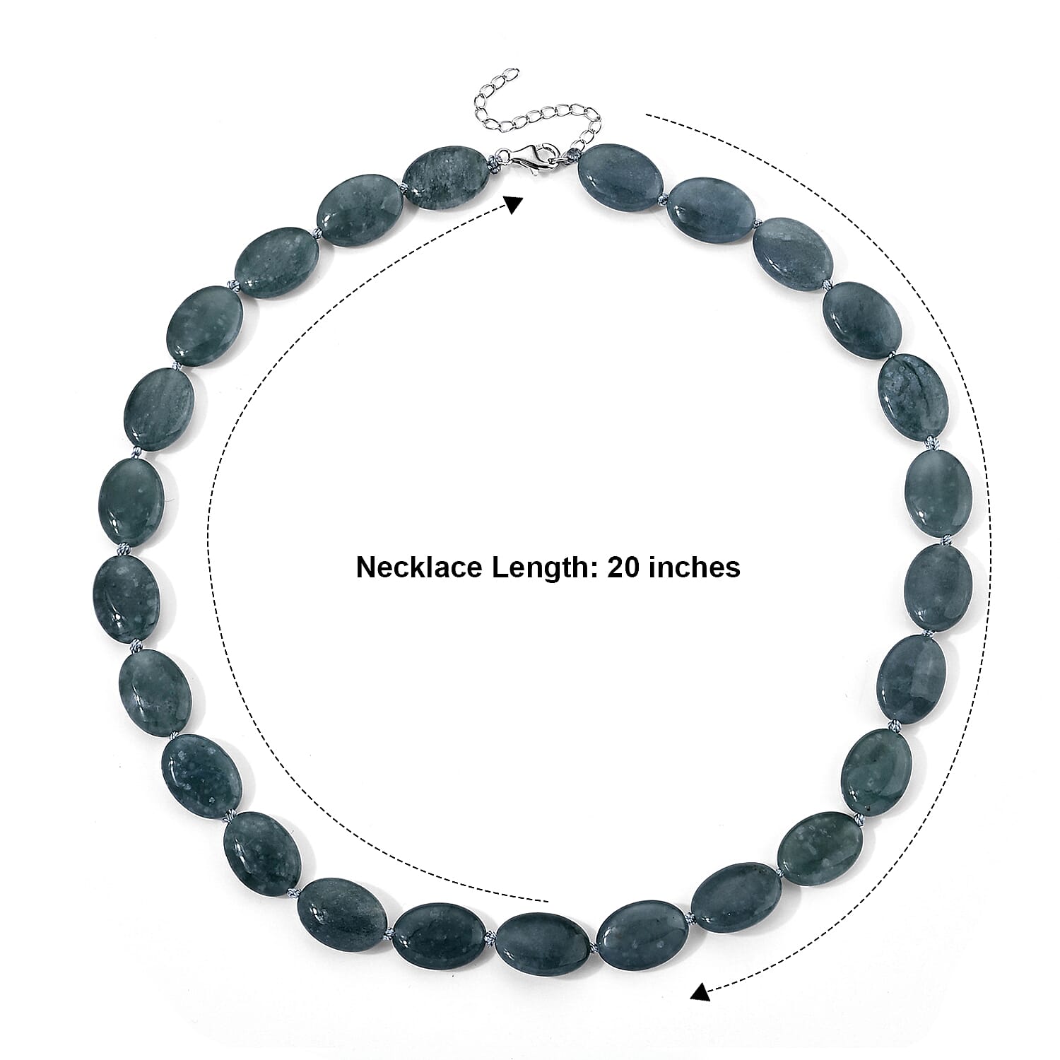D'Joy Natural Olmec Jadeite 390.00 ctw Beaded Oval Necklace in Rhodium Over Sterling Silver 20-22 Inches